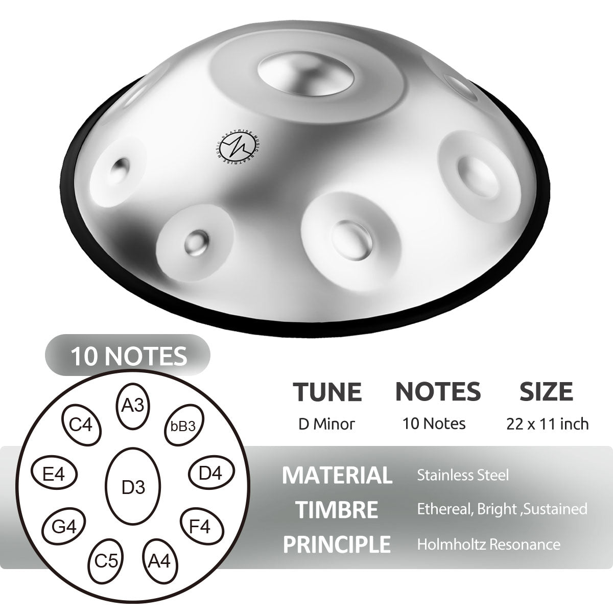 BeatRise 「StartSonic」Series - D Kurd 10 - 432Hz - Stainless Steel Handpan - Silver (Pre-order) - BeatRise Music