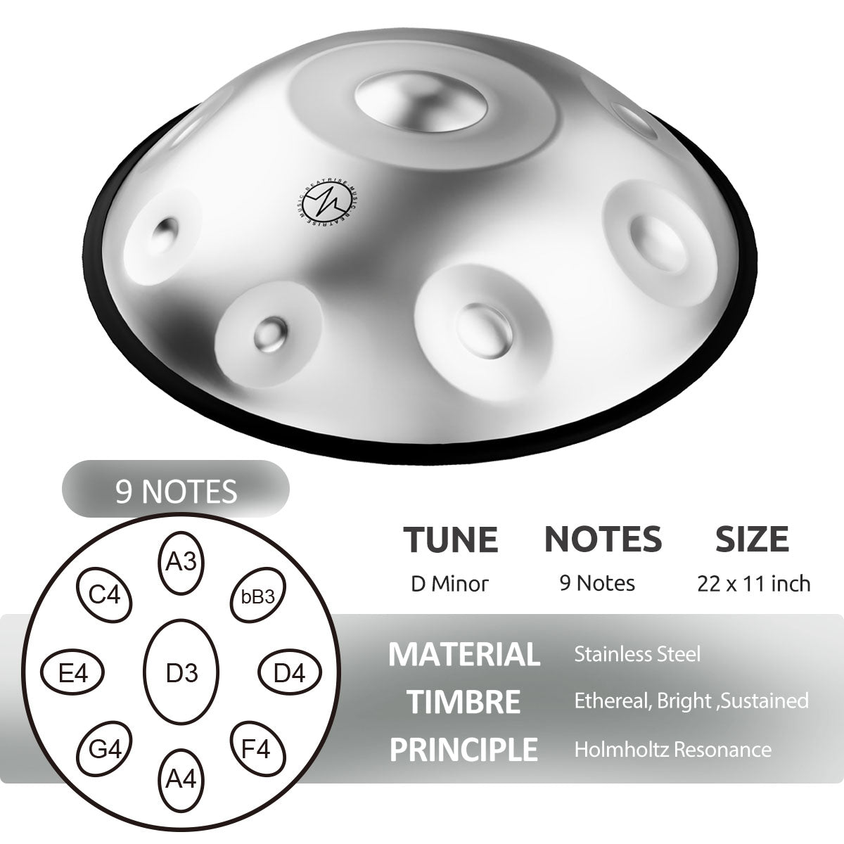 BeatRise 「StartSonic」Series - D Kurd 9 - 432Hz - Stainless Steel Handpan - Silver (Pre-order) - BeatRise Music