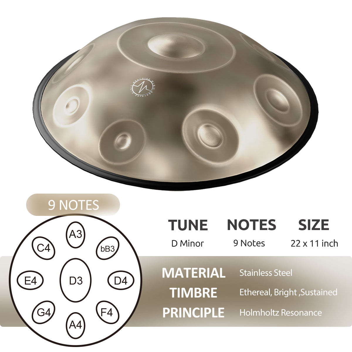 BeatRise 「StartSonic」Series - D Kurd 9 - 432Hz - Stainless Steel Handpan - Champagne Gold (Pre-order) - BeatRise Music