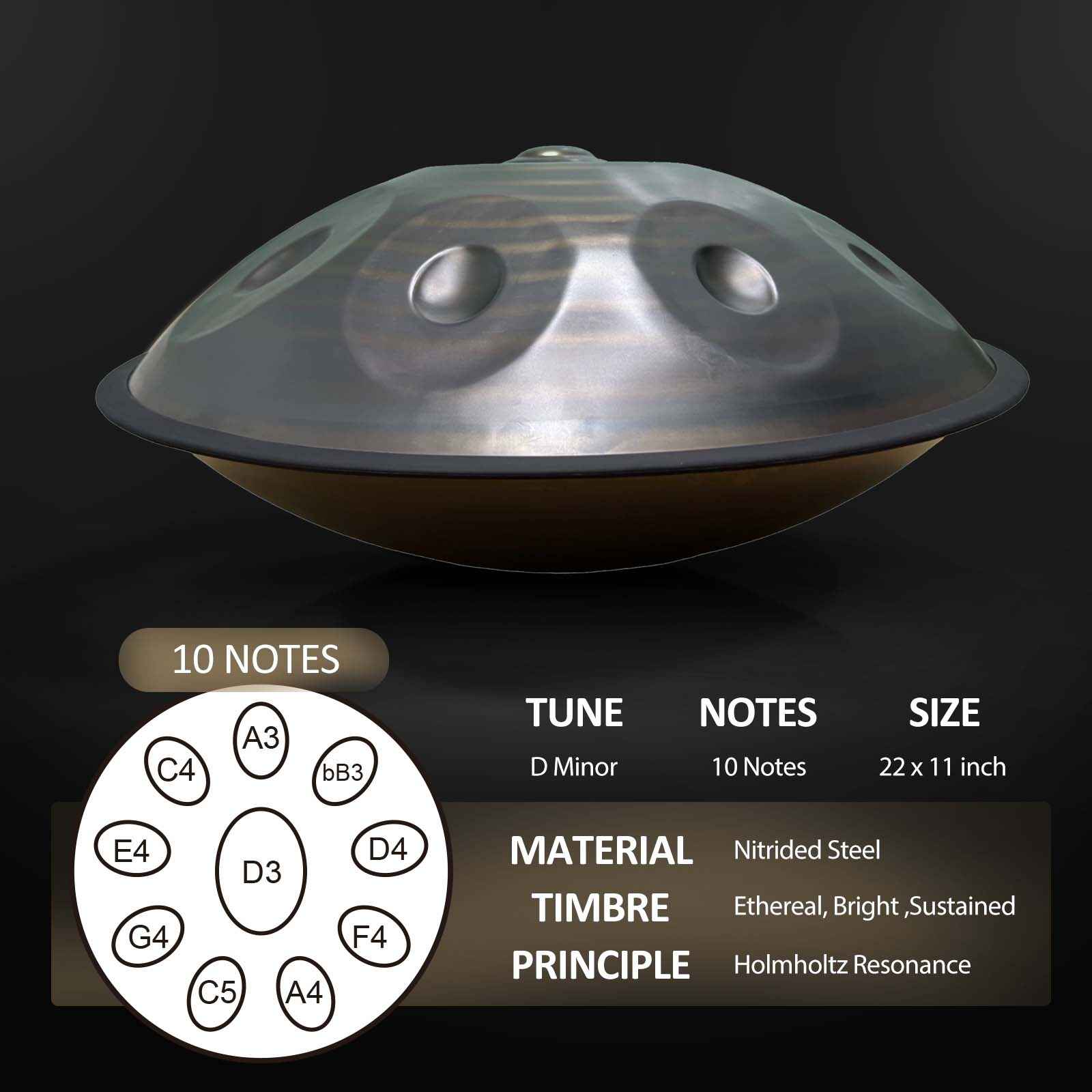 BeatRise「NitroSonic」Series - D Kurd 10 - Nitrided Steel Handpan - Retro - BeatRise Music