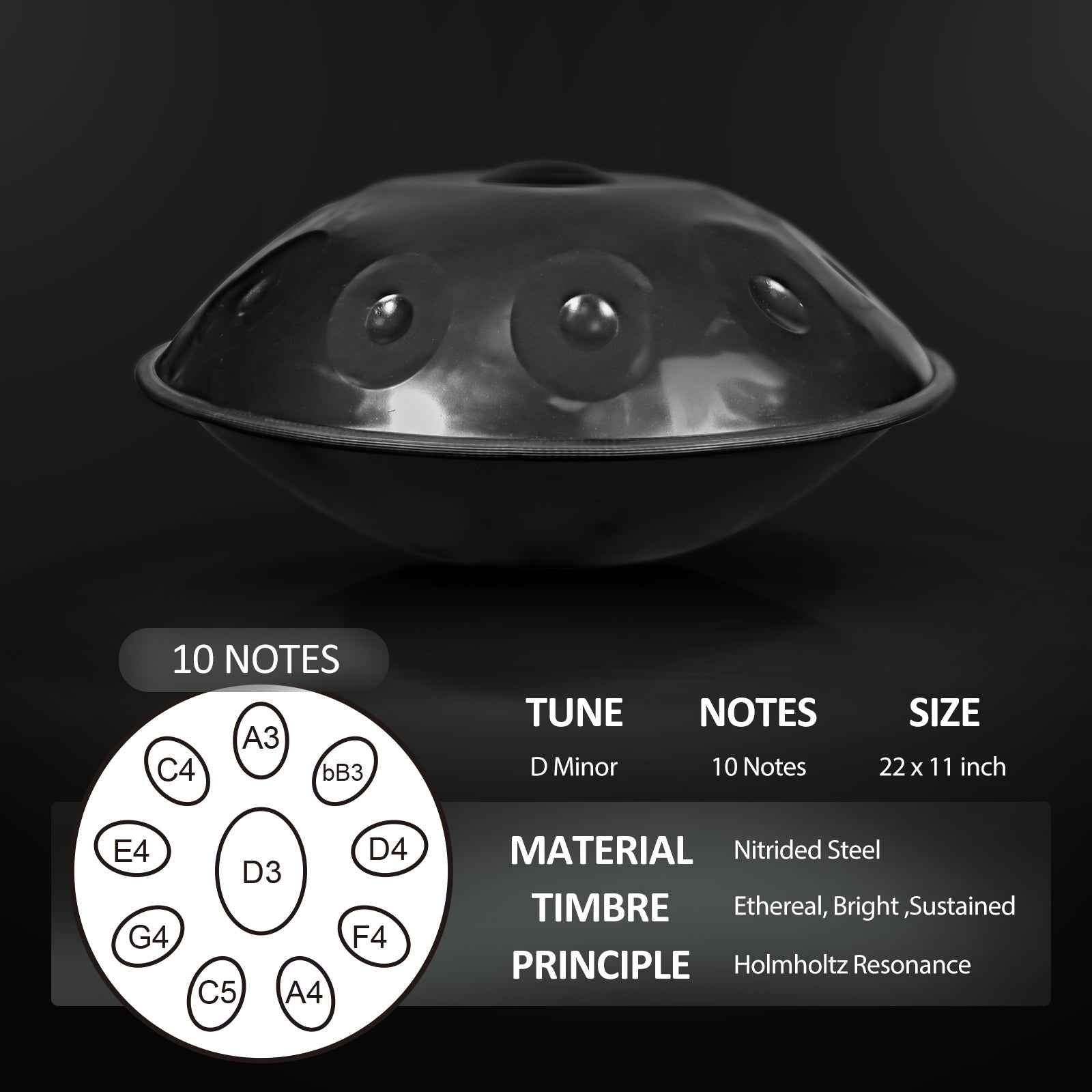 BeatRise「NitroSonic」Series - D Kurd 10 - Nitrided Steel Handpan - Space Grey - BeatRise Music