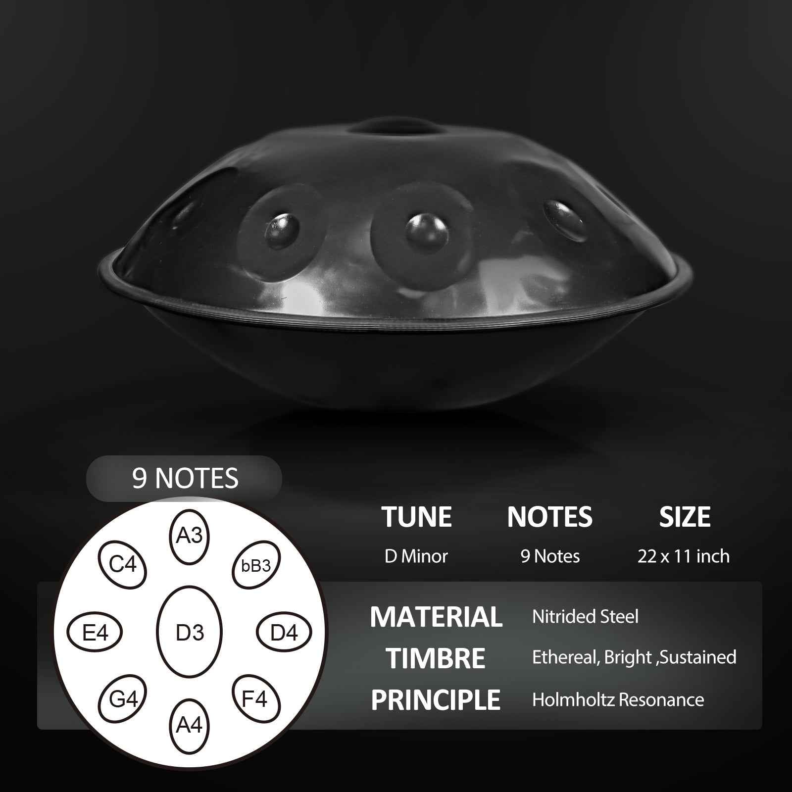 BeatRise「NitroSonic」Series - D Kurd 9  - Nitrided Steel Handpan - Space Grey - BeatRise Music