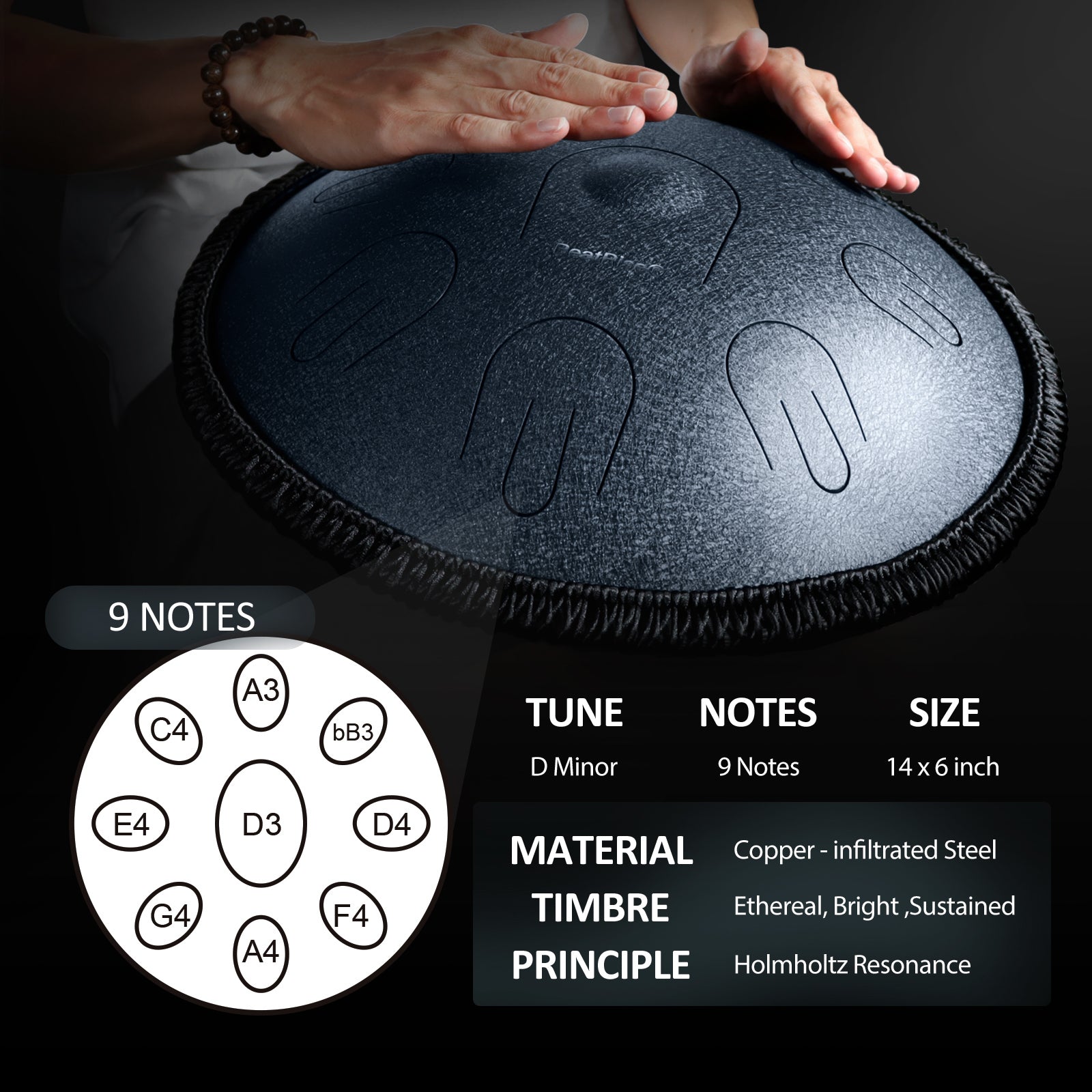 BeatRise 9 Notes 14 Inch Handpan Drum in Key D Minor (Navy Blue)
